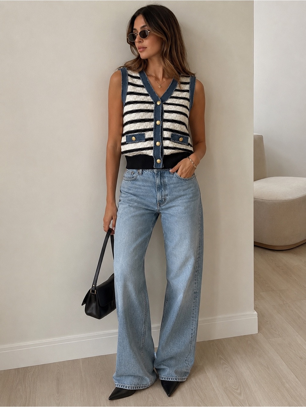 Laundry By Shelli Segal Black & White Striped Knit Vest with Denim Trim
